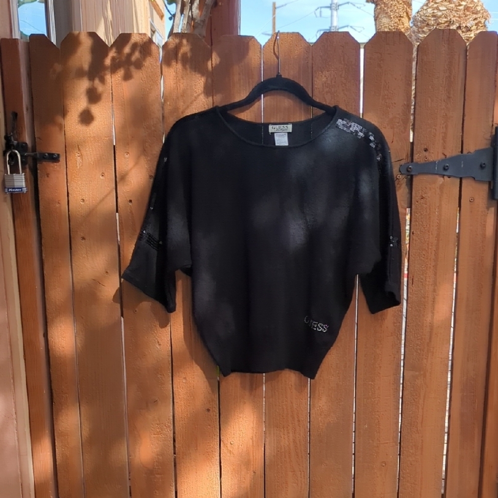 GUESS Black Short Sleeve Sequin Accent Knit Top